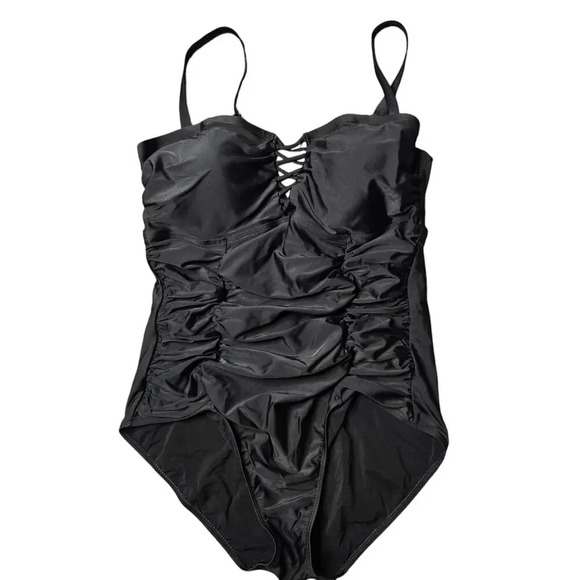 Torrid Black Lattice Fromt One-Piece Ruched Swimsuit - Picture 2 of 7